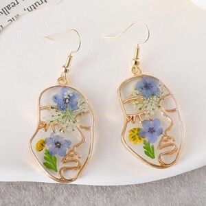 Bohemian Wildflower Teardrop Resin Earrings Handmade Gold Geometric Earrings